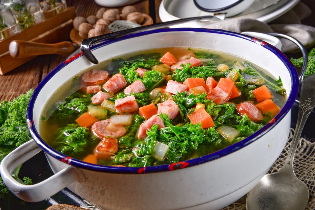stock pot full of venison sausage kale soup